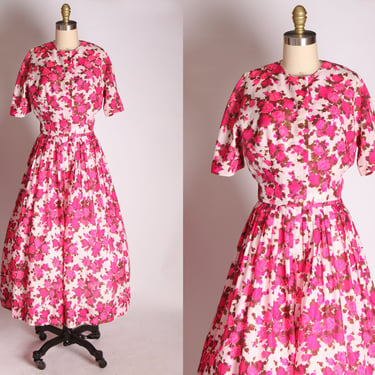 1960s Hot Pink Floral Flower Rose Print Two Piece Fitted Dress with Matching Jacket Bolero by L'Aiglon -M 