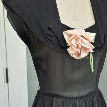 vintage 1940s black sheer party dress w/ rose detail XXS 