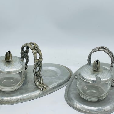 Vintage Rodney Kent Aluminum Condiment Tray Glass jars and an extra tray 