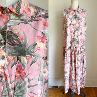 Vintage 1990s Pink Tropical Drop Waist Shirt Dress / M 