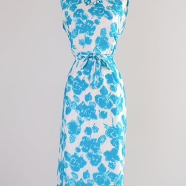 Brilliant Early 1960's Turquoise Blue Floral Silk Shift / M