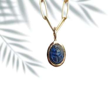 14k Gold Gemstone Scarab Amulet Pendant Necklace/14k Gold Charm/Open Bezel Pendant/ Egypt Protection 