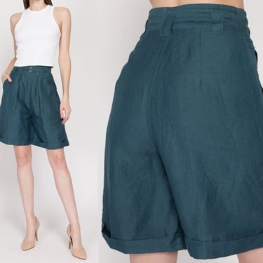 XS 80s Dark Teal Pleated Wide Leg Shorts 25" | Vintage High Waisted Cuffed Culotte Shorts 