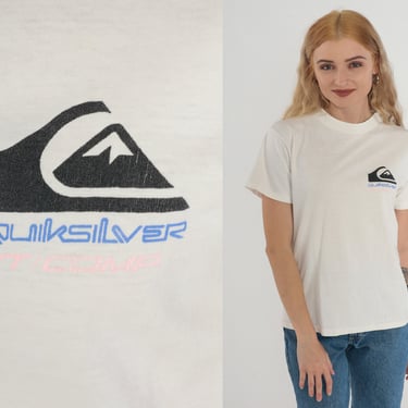 90s Quiksilver Shirt ST Comp T-Shirt Retro Surf Skate Snowboard Logo Graphic Tee Surfer TShirt Single Stitch White Vintage 1990s Small S 