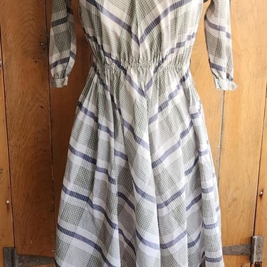 Vintage 50s Gray Dress Chevron Strip Plaid Print  / Medium 