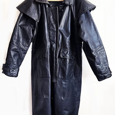 Vintage Mens Large Black Leather Overcoat Trench Coat, Cloak, CAPE Duster Jacket 1980's Shoulder Cover, Long Real Leather Coat 