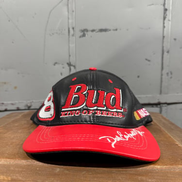 Vintage Leather Dale Earnhardt Jr 8 Bud King Of Beers Nascar Adjustable Hat Cap leather signed 