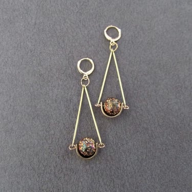Gold pendulum earrings, rainbow electroplated lava rock 