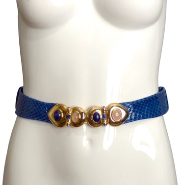 JUDITH LEIBER- 1980s Blue Snakeskin & Quartz Adjustable Belt