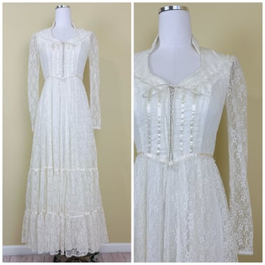 1970s Vintage Gunne Sax Cream Lace Maxi Dress / 70s / Seventies Lace Up Corset Romantic Prairie Dress / Small - Medium 