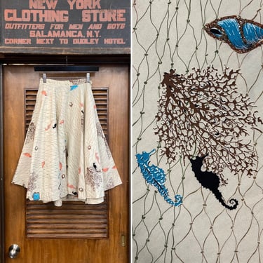 Vintage 1950’s Atomic Underwater Shells & Seahorse Cotton Rockabilly Circle Skirt, Seahorse, Seashell, Novelty Print, Vintage Circle Skirt, 