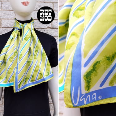 Pretty Vintage 60s 70s Light Green Abstract Stripe Long Vera Neumann Scarf with Blue Border 