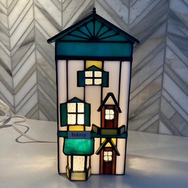 IOB Forum Vitrum "Breadman's Bakery" Stained Glass Lighted House, No. SH135C, 1993 Glass Collectible, Original Box, Certificate Authenticity 