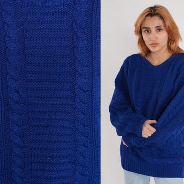 Cable Knit Sweater 90s Wool Indigo Blue Sweater Knit Pullover Crewneck Cableknit 1990s Crew Neck Medium Large 