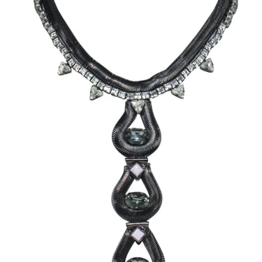 Lionette - Gunmetal Jeweled Statement Necklace w/ Bar Pendant