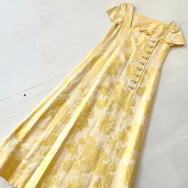 1960s Yellow Brocade Maxi Gown with Rhinestone Buttons 