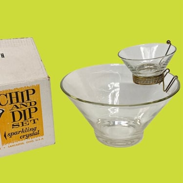 Vintage Chip and Dip Retro 1960s Mid Century Modern + Anchor Hocking + Crystal Bowls + Brass Metal + 3 Piece Set + Kitchen + Original Box 