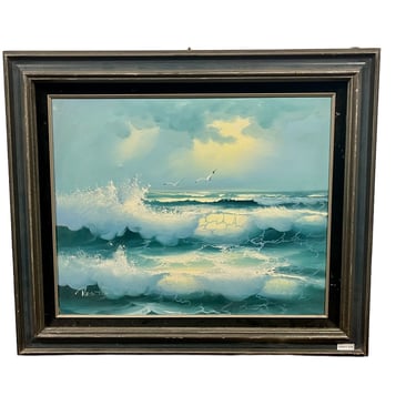 Oil on Canvas Framed Ocean Painting Signed Reston
