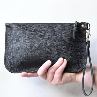 Pebbled Leather Zipper Clutch Black or Brown