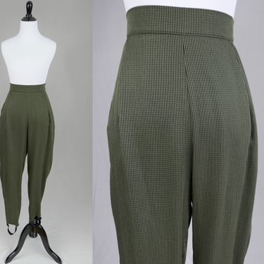 80s Stirrup Pants - Black and Muted Olive Green Check - High Rise Waist - Counterparts II - Vintage 1980s - L XL 