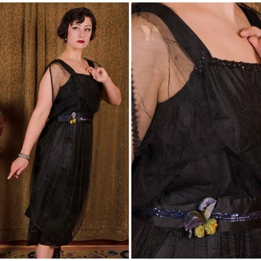 Edwardian Dress - Late 1910s Gothic Silk and Silk Net Dress with Sequined Waist Sash Volup 