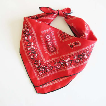 50s Silk Red Bandana made in Japan - Vintage 1950s Classic Cowboy Rodeo Red Black Paisley Western Kerchief - Rolled Hem 
