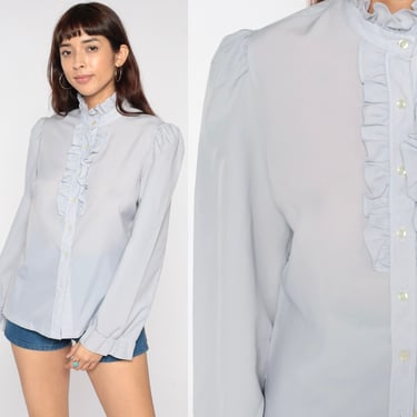 Grey Ruffle Blouse 80s TUXEDO Button Up SHEER Top 1980s Victorian Blouse Vintage Puff Sleeve Secretary Shirt 1980s Medium 
