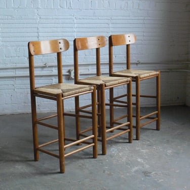 Vintage Danish Attributed Oak & Paper Cord Stools In the Manner of Borge Mogensen (Set of 3) 