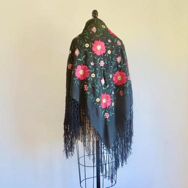 Black Silk Multi Colored Embroidered Floral Piano Shawl Wrap Fringed Art Deco 