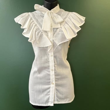 ruffled prairie blouse vintage 1970s bow tie sleeveless top XL 