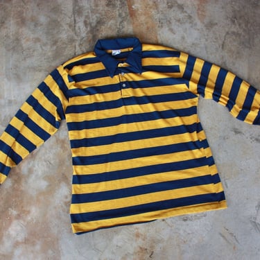 70s 80s Yellow and Navy Blue Striped Rugby Shirt Size L / XL 