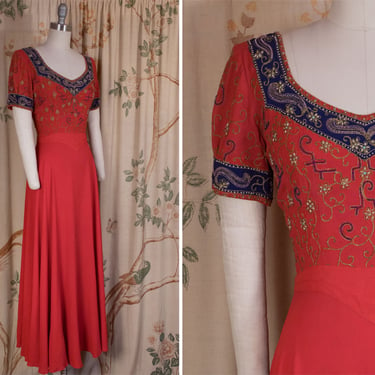 1940s Dress - Regal Vintage 40s Soft Red Rayon 40s Gown with Elaborate Soutache and Beadwork in Blue and Gold 