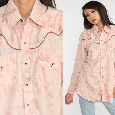 Western Floral Shirt 70s Pink Pearl Snap Cowboy Shirt Button Up Top Retro Boho Long Sleeve Rodeo Vintage 1970s Men's 17 34 Extra Large xl 