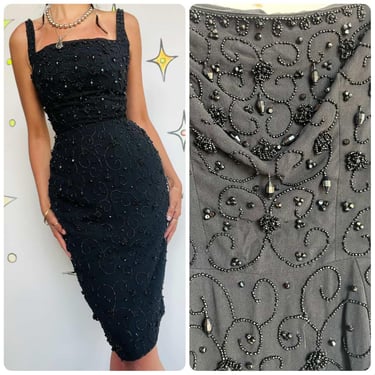 Vintage 1950s Black Beaded Wiggle Dress – Pin-Up Glam Goth Old Hollywood – Small 