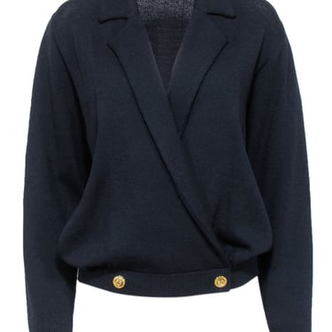St. John - Black Knit Wrap Sweater w/ Gold Button Details Sz S