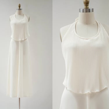 white halter dress | 70s vintage cream ivory ruffled strapless boho hippie long flowy maxi dress 