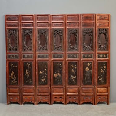 Vintage Red & Black Lacquered 7 Panel Folding Screen