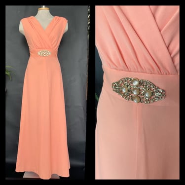 Vintage 1960s 1970s 70s V neck Dress Gown Goral Peach Sleeveless Maxi Long Hostess Prom Party Jeweled Large Aline 