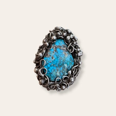 Vintage Brutalist Turquoise and Sterling Silver Statement Ring Size 7