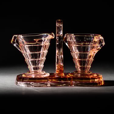 Vintage Indiana Glass Pink Sugar Creamer Set, Art Deco Depression Glass, Antique Collectible Gift, Tea Room Pattern, Indiana Glass Co 