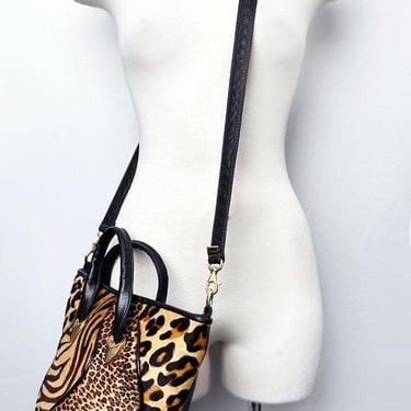 Leather Leopard Animal Print Cross body Purse Bag Shoulder Bucket Bag Spain Patchwork Vintage 1980's Fur Real Cowhide Fur Crossbody 