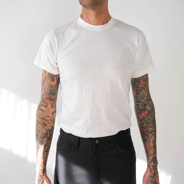 Vintage 70s HANES Blank White Single Stitch Tee | Made in USA | DEADSTOCK | 1970s Paper Thin, Marbled, Cap Sleeve Greaser, Rocker T-Shirt 