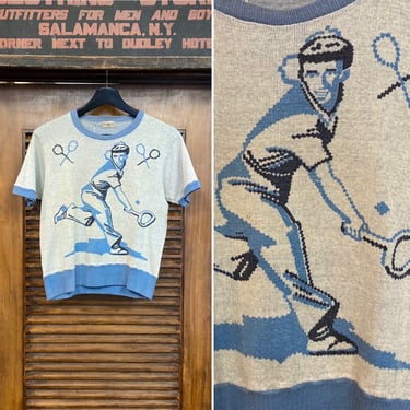 Vintage 1950’s Cartoon Tennis Player Picture Knit Rockabilly Shirt, Super Rare, Original, 50’s Vintage Clothing 