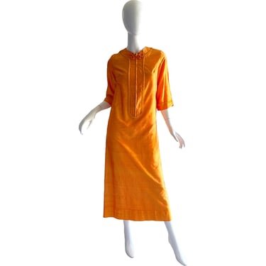60s Thai Silk Caftan Dress / Vintage Bess Bangkok Dress / Paste Tangerine Maxi Dress Small 