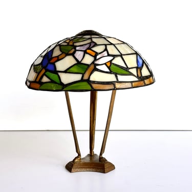 Vintage Tiffany Style Mosaic Slag Glass Floral Dome Lampshade - Multi Color Art Glass Parlor Tabletop Desk Light 