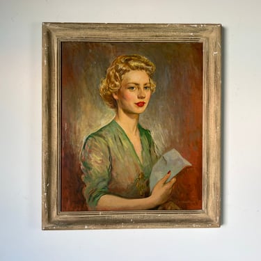 60's E. Kamarek England Woman Portrait Oil Painting, Framed 