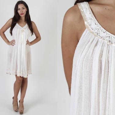 White Gauze Mexican Tank Dress / Thin Sheer Sleeveless Cotton Sundress / Crochet Beach Cover Up 