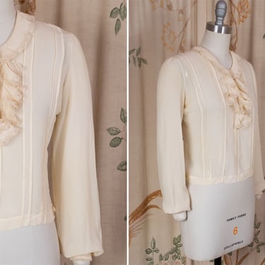 1930s Blouse - Exquisite Vintage Late 1920s / Early 30s Warm Cream Colored Silk Blouse with Pintucks and Jabot Ruffles 