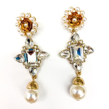 Vintage VTG 1990s 90s Deadstock Pearl Gold Rhinestone Dangle Drop Earrings 