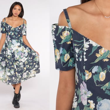 Off Shoulder Dress 80s Floral Midi Dress Dark Blue Basque Waist Garden Party Flower Print Fit and Flare Tea Length Vintage 1980s Medium 